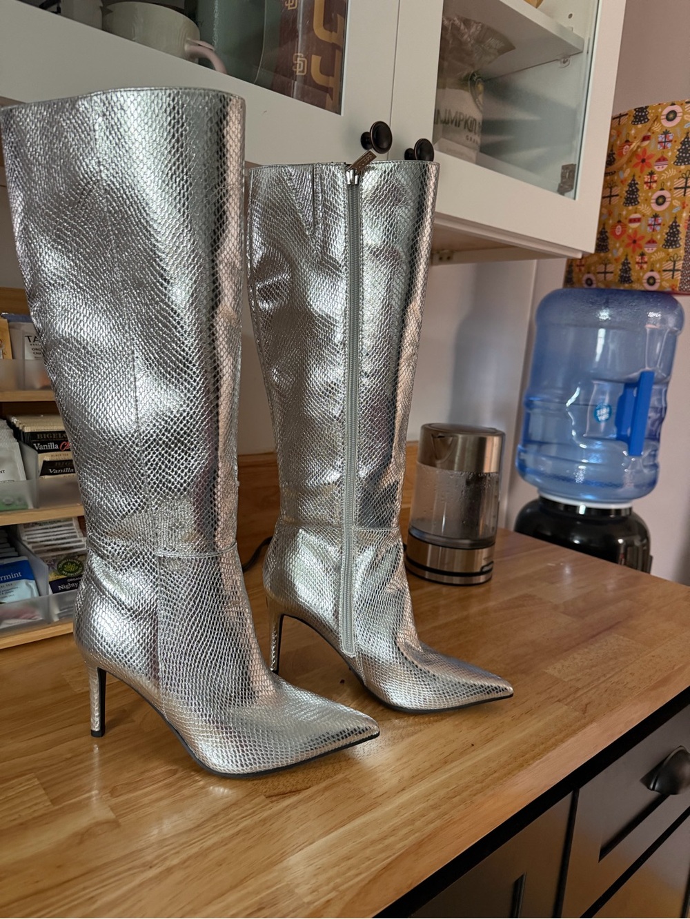 Guess Silver Pointed-Toe Knee-High Stiletto Boots